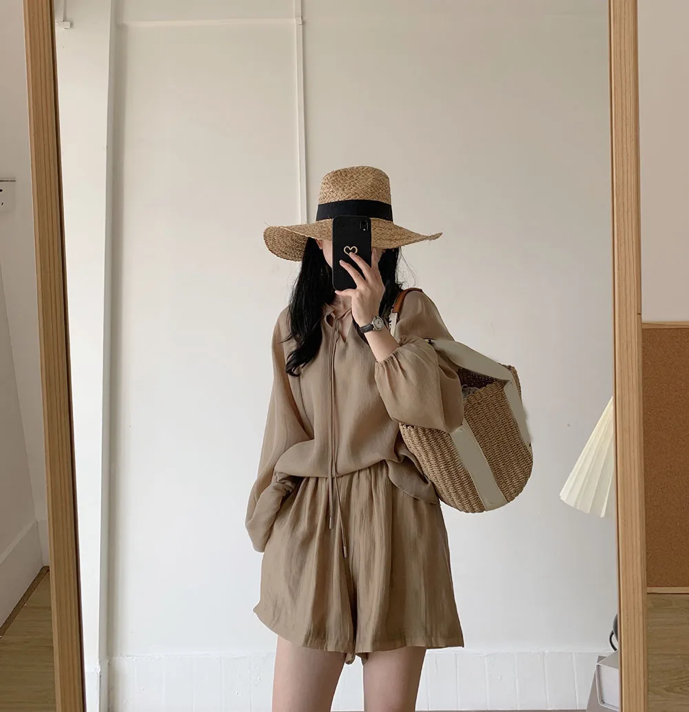 Solid Fashion Sunscreen Shirt 2piece Set Women's Summer Thin Lace Up Collar Long Lantern Sleeves Loose Shirt+Elastic Wide Shorts