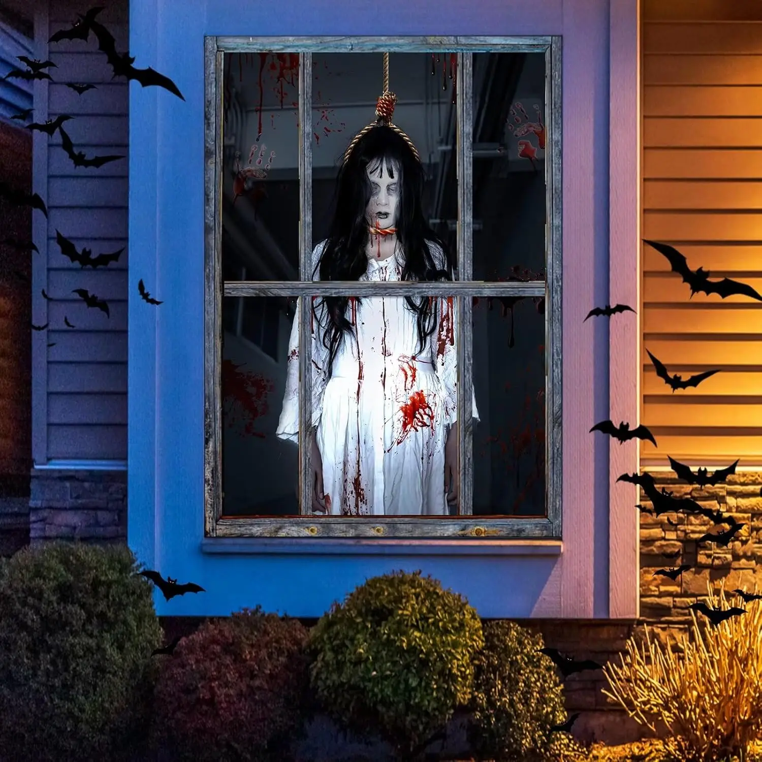 Halloween Window Cover Decorations - Scary Fabric Clings, Creepy Door Silhouette Curtain Poster for Indoor Outdoor Party Decor