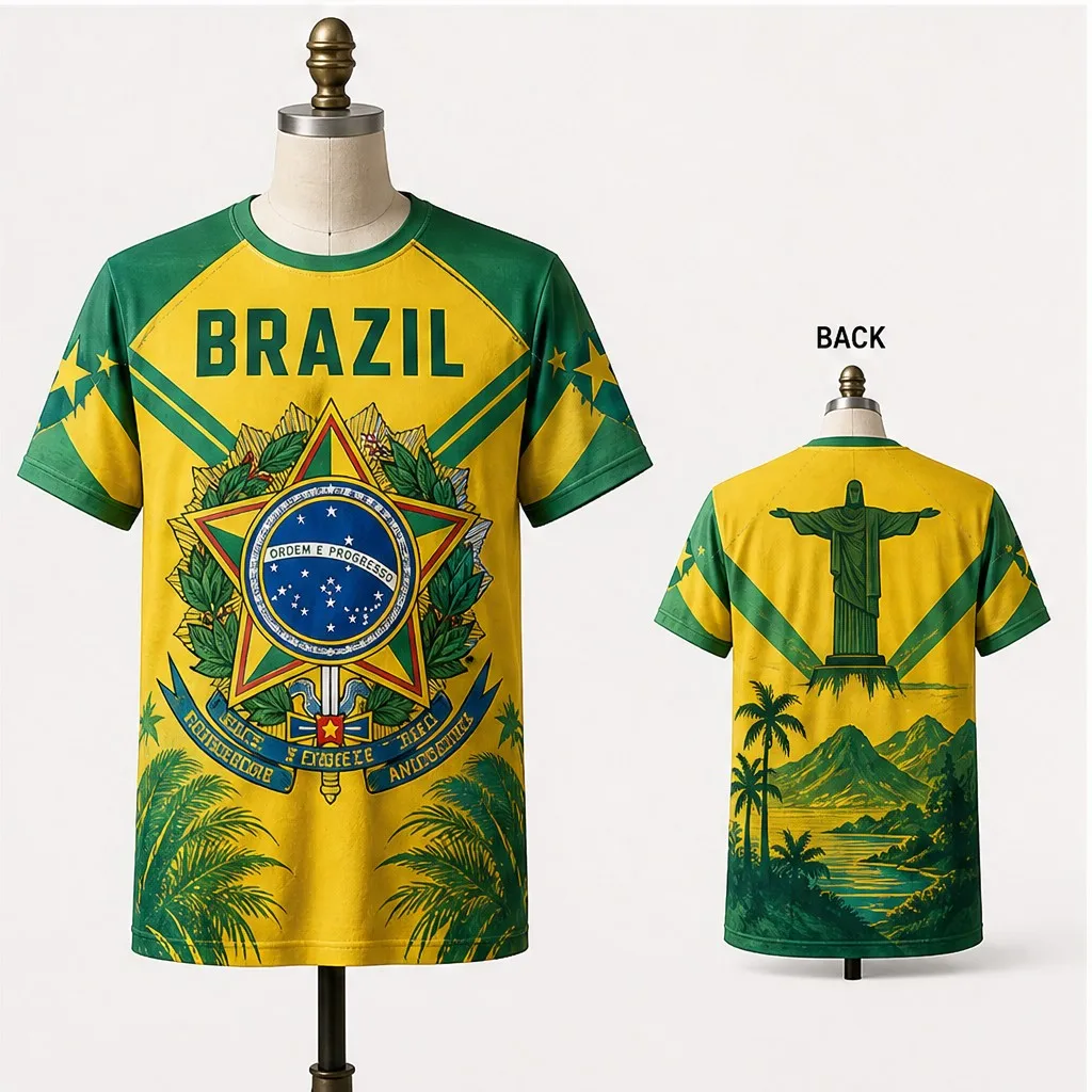 Mens Brazil Crew Neck T Shirt Yellow Emblem Print Short Sleeve Casual Top Scenic Cristo Back Summer Streetwear Tee Vacation Wear