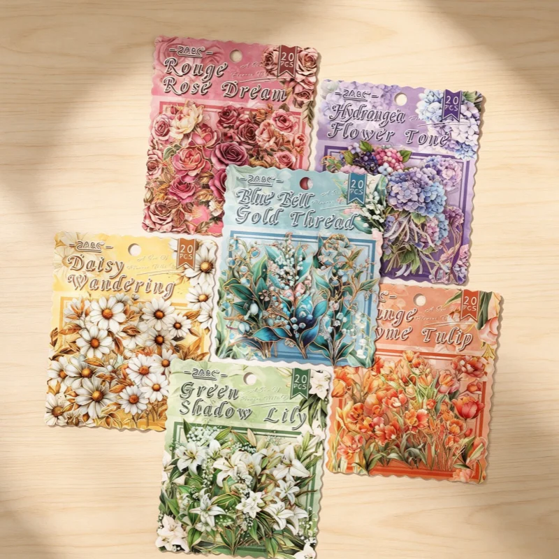 20 pcs Rose Lily Daisy Foil Stickers Vintage Flowers PET Waterproof  DIY Dreamy Floral Decals for Journaling Craft Supplies