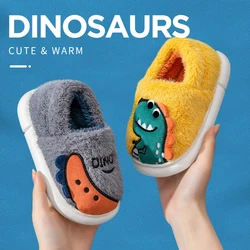 Kids' Warm Cotton Shoes Dinosaur Embroidery Decoration Heel Wrap Plush Slippers Soft Sole Non-slip Boy Girl Indoor Home Winter