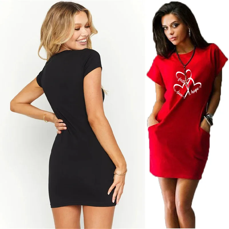 

Fashionable women's heart-shaped printed pocket dress for spring and summer casual round neck short sleeved dress