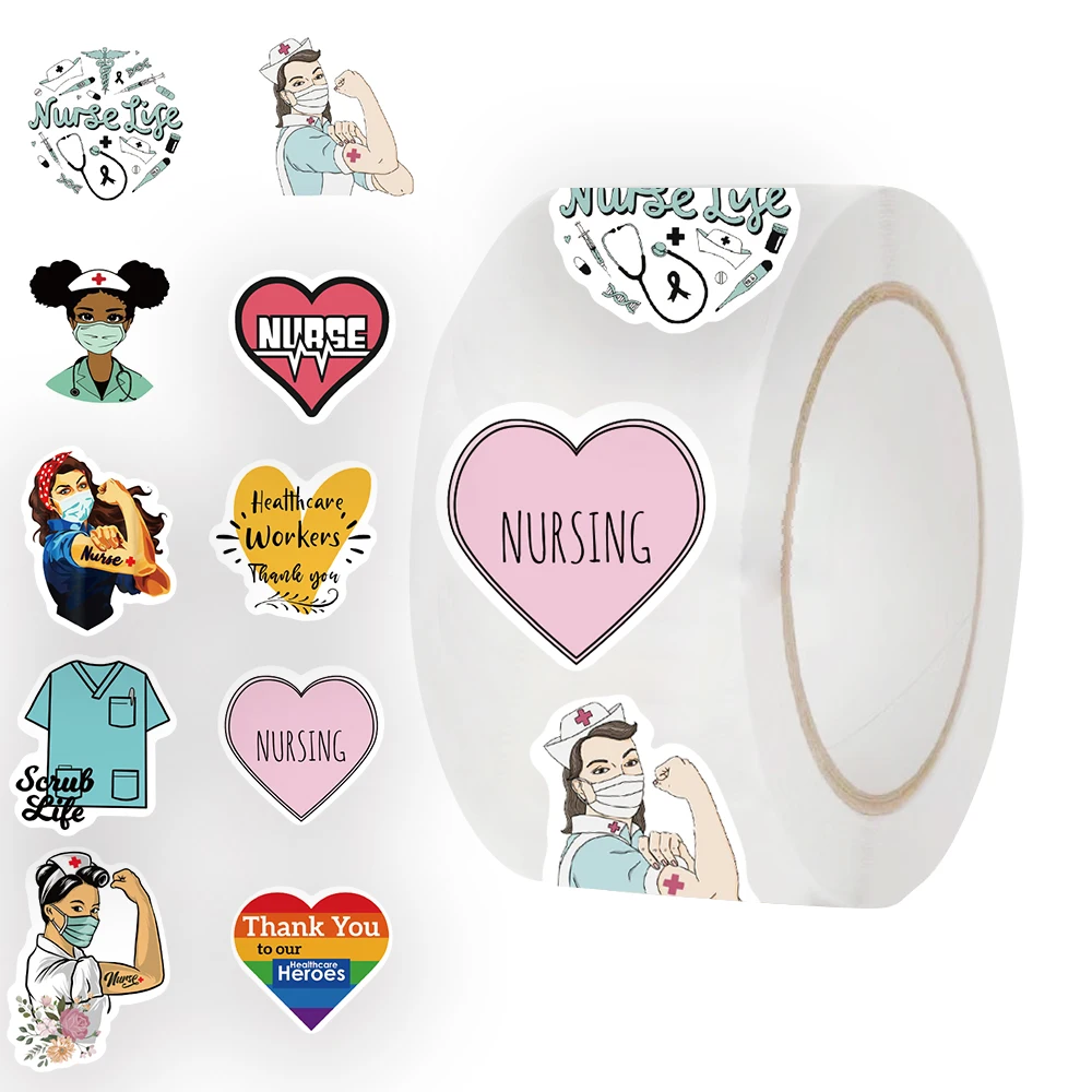 500Pcs/roll Cartoon Nurse Stickers, Roll Vinyl Stickers For Laptop, Bumper, Skateboard, Water Bottles, Computer, Phone