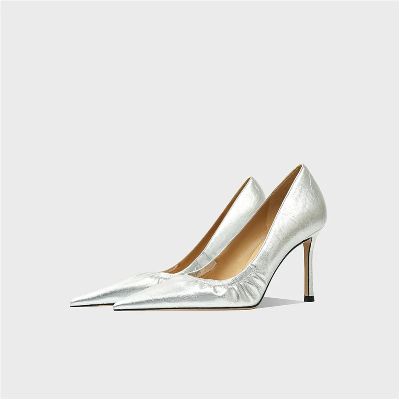 Spring and summer new pointed wrinkled shallow mouth leather surface fine order shoes banquet dress high heels women's shoes