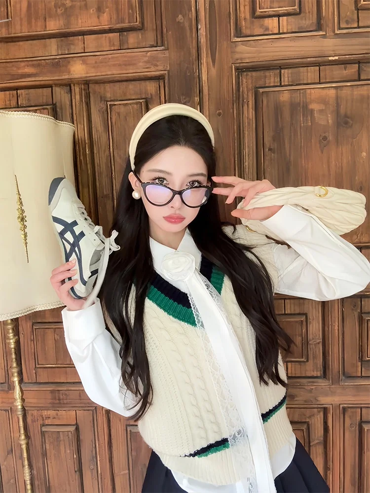 

Жилет из шерсти PITAO College, свободного кроя, вязаный, весна-осень, с ромбовидным узором, женский модный комплект