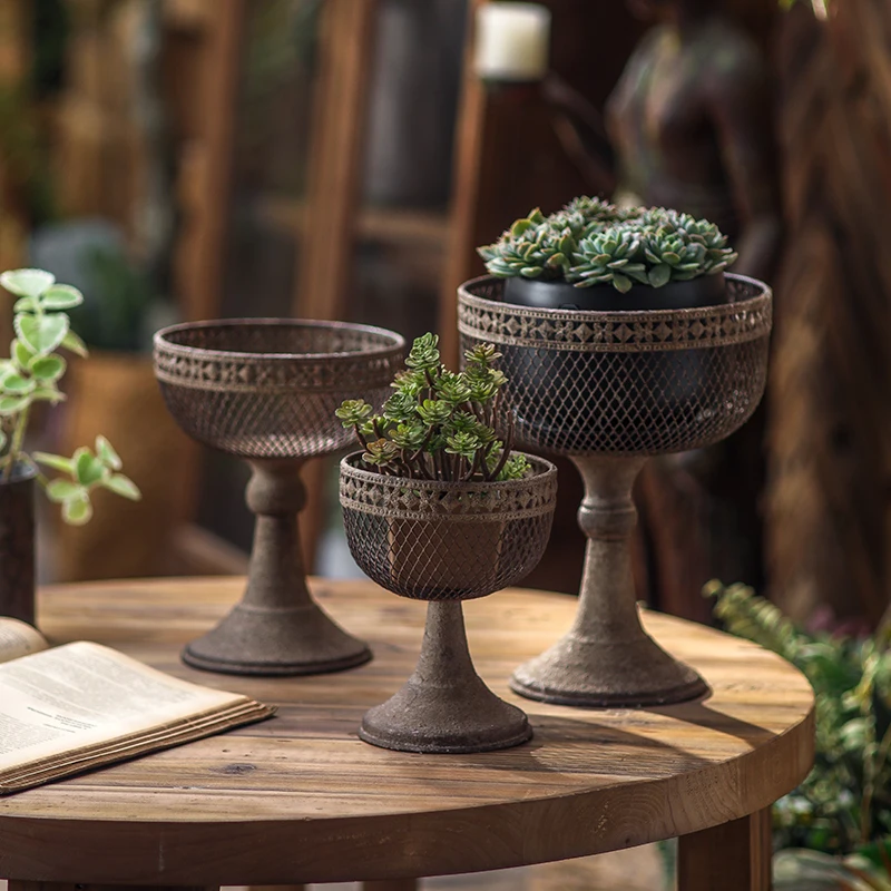 Vintage Iron Pedestal Planter, Retro Metal Flower Stand, Distressed, Decorative Goblet Vase for Home, Garden, Ritual Display