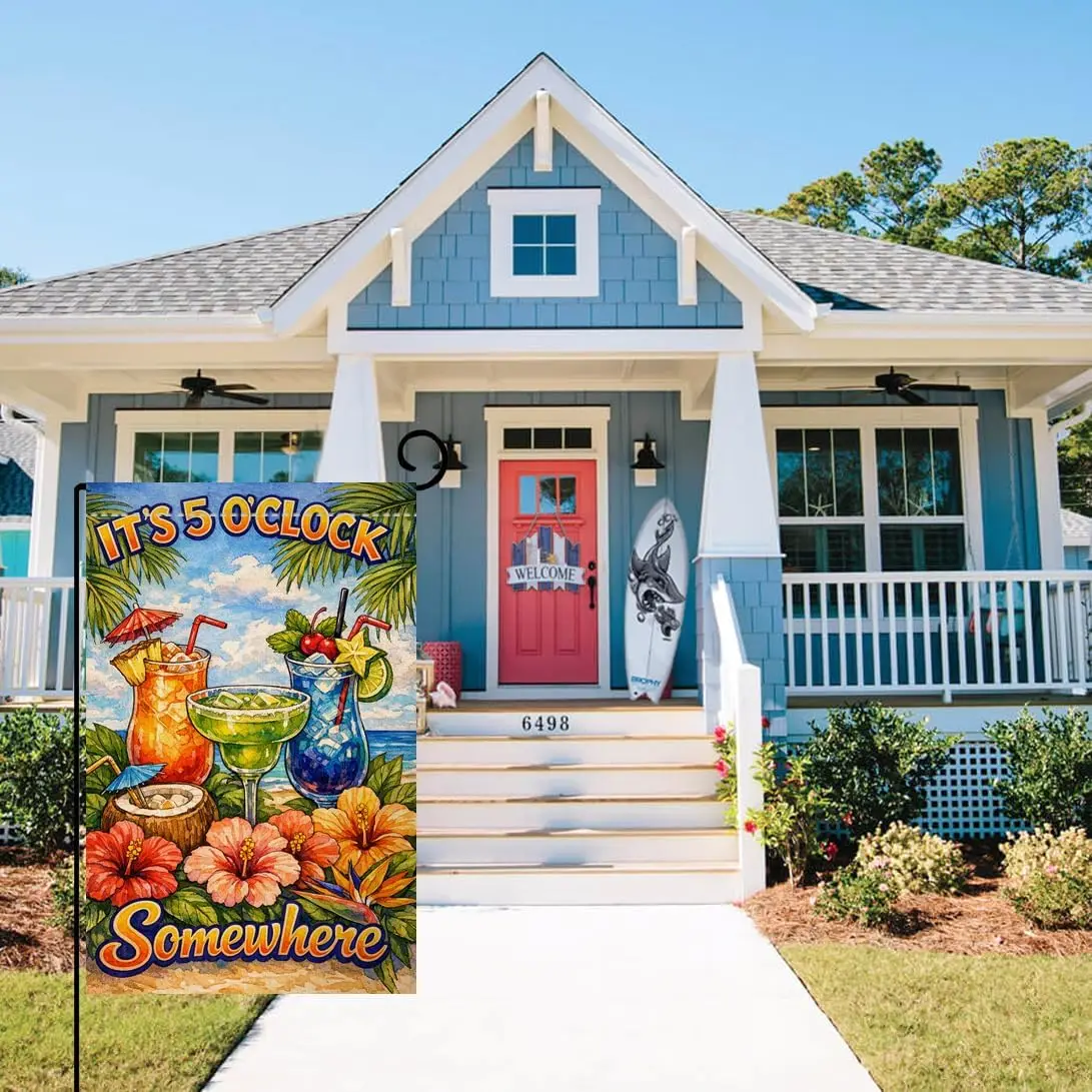 BLKWHT Summer Beach Garden Flag 12x18 Vertical Double Sided It's 5 O'Clock Somewhere Seasonal Holiday Outside Decora IIC