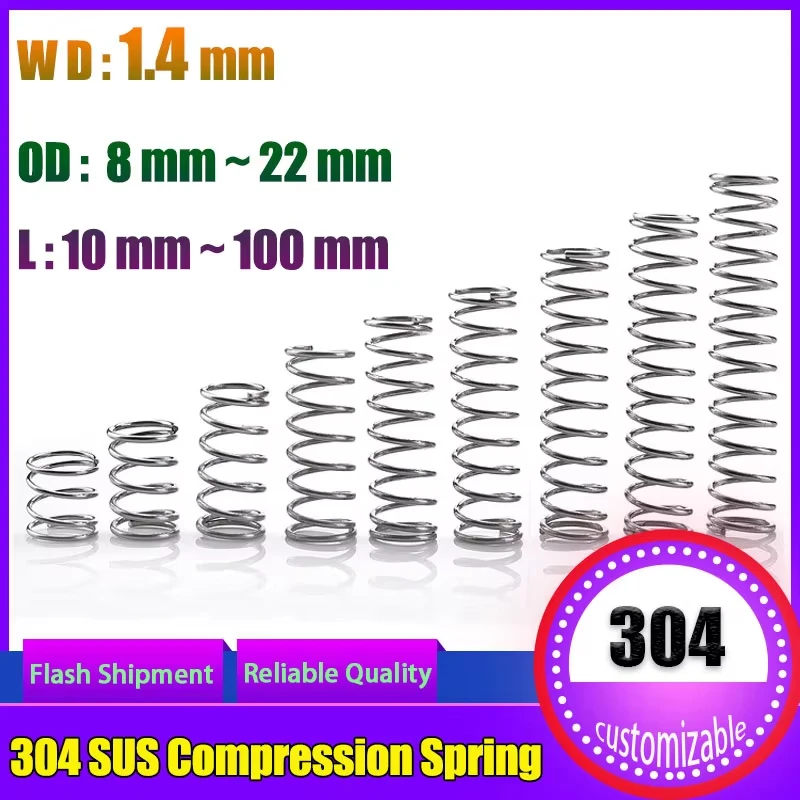 Compressed Spring 304 Wire Diameter 1.4 mm Stainless Steel Spot Outer Diameter 8-22mm Pressure Spring Return Spring Custom Made