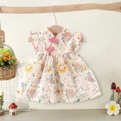 Summer New Girls Dress Season New Girls Dress Chinese Style Summer Flying Sleeve Bunny Flower A-line Dress Exquisite Buttons