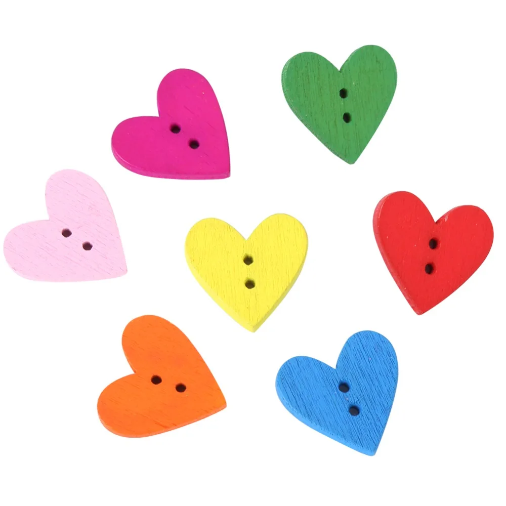 200pcs 2 Holes Wooden Heart Buttons Colorful Mixed 19 x 19mm Love Heart Buttons Decorative Sewing Buttons Craft Projects