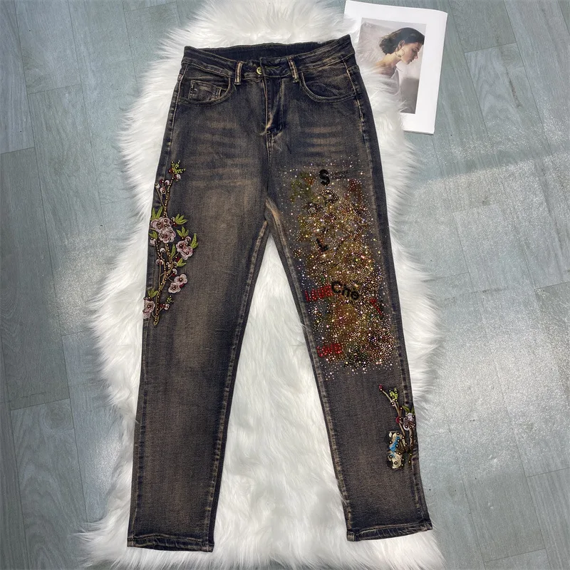 New Retro Women's Jeans 2024 Spring and Autumn New Fashion Slimming Trousers Oversized Streetwear Diamond European Ladies Pants