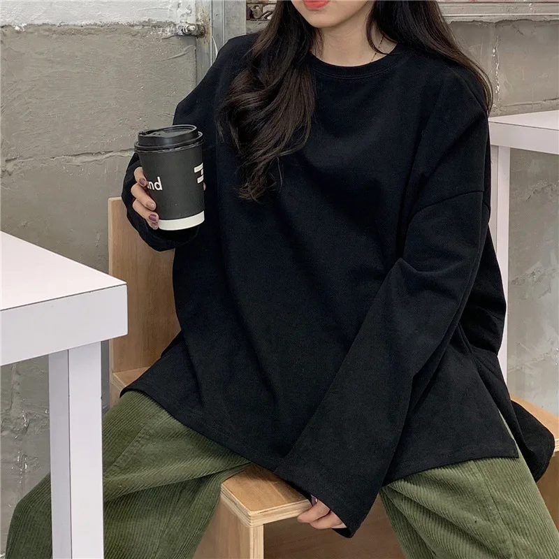 Autumn Split Solid Long Sleeve T-Shirt Women's Fashion Base Layer Loose Top