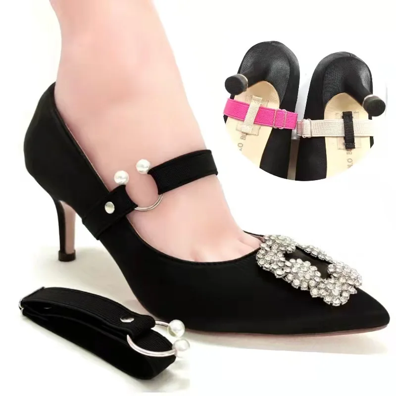 1Pair Women High Heels Adjustable Elastic Shoe Strap Belt U-shaped Pearl Elastic Lazy Shoelace Anti-drop Heels Shoe Accessories