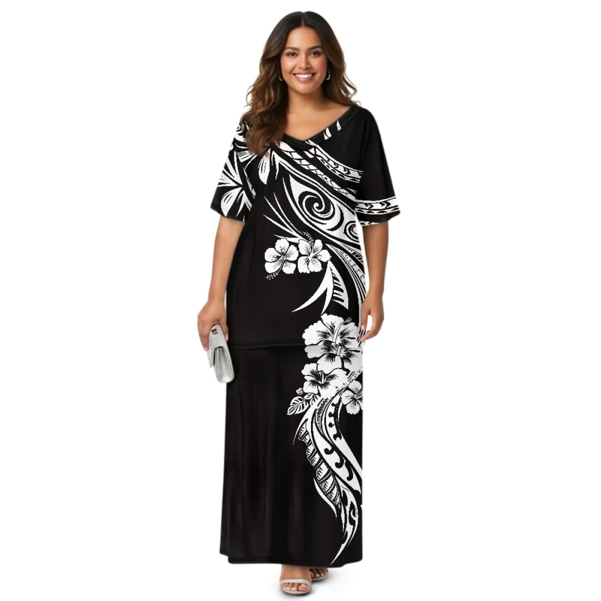 Abito Samoano Puletasi con Scollo a V, Spalle Scoperte, Mezza Manica, Set di Vestiti Tribali Polinesiani Bianco e Nero per Feste, Set di Abiti delle Isole del Pacifico