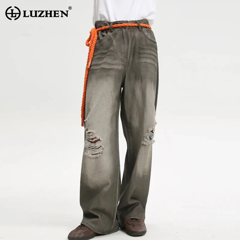 

LUZHEN Niche patched Wornout Design Washed straight jeans 2024 Autumn Stylish new Street Retro men's wide leg Denim pants LZ4546