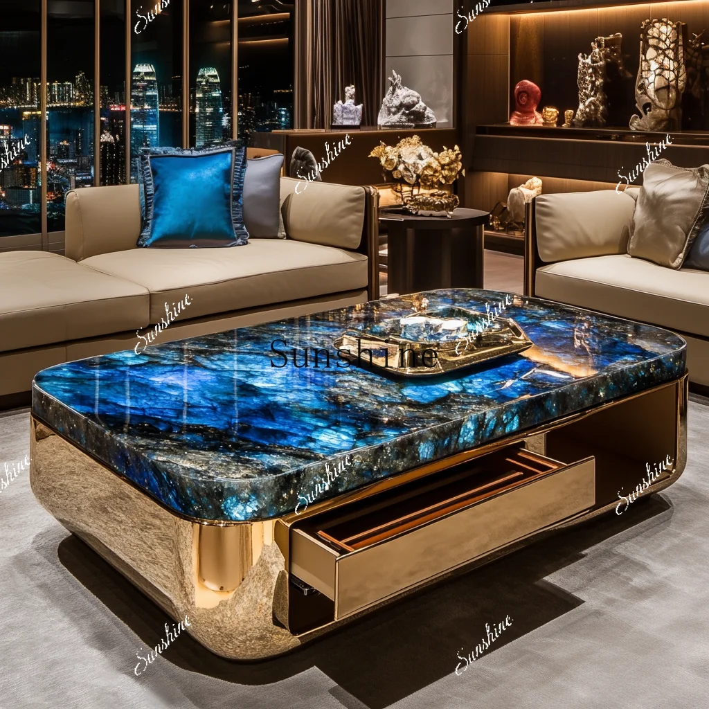 Square luminous blue jadeite coffee table villa living room custom modern design large flat layer luxury stone  FT