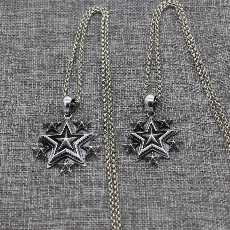 

Feminine Punk Sterling Silver Vintage Five Point Star Pendant Necklace Long Men's Trend 925 Thai Silver Star Sweater Chain Penda