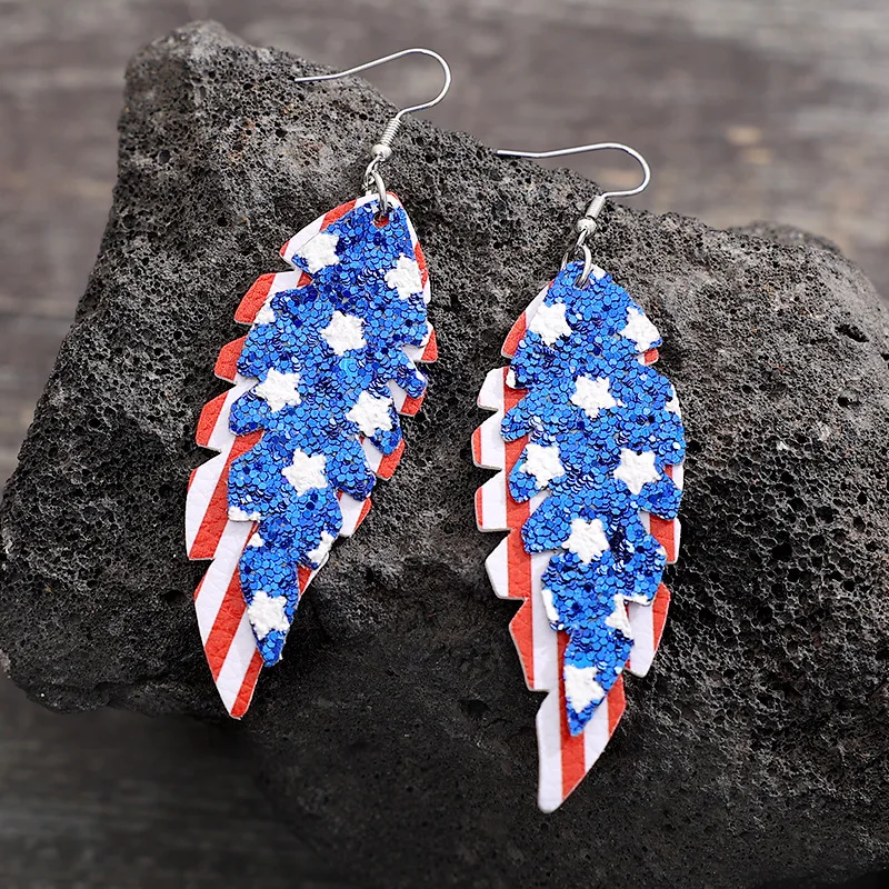 Hot Selling Independence Day Flag Leaf Double Leather Earrings European and American Five-pointed Star Sequined Pu Jewelry