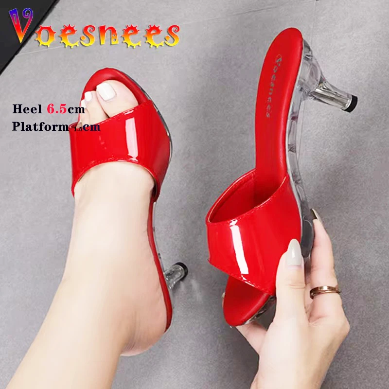 Women Summer Fine Heel 6.5CM Slipper Female Waterproof Slides Candy Color Sandals Platform Sexy Elegant  Round Toe Office Shoes