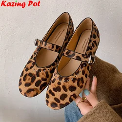Hot Sale Leopard Horsehair Autumn Spring Ballet Flats Round Toe Shallow Rivets Mary Janes Sexy Luxury Leisure Dating Women Shoes