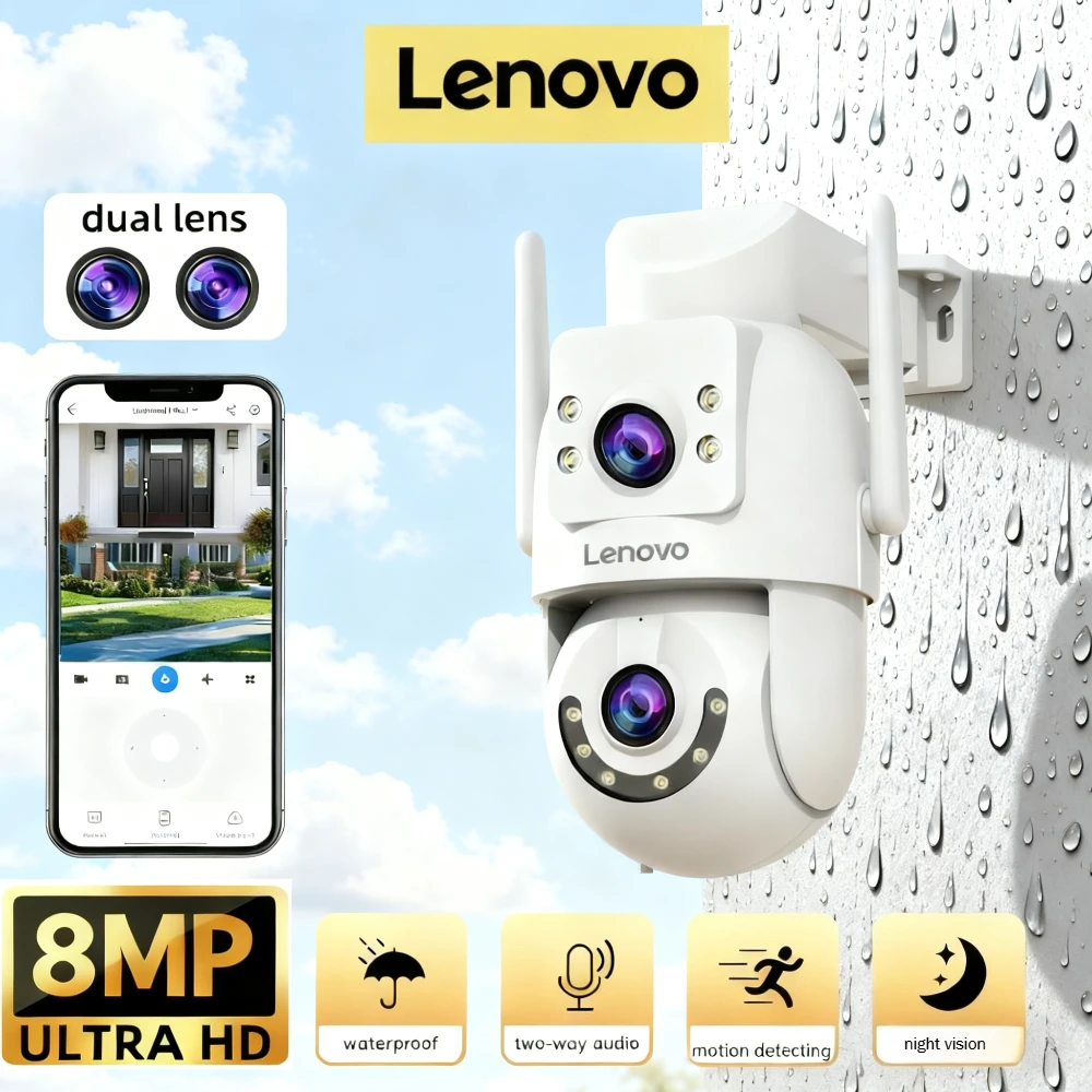 كاميرا Lenovo 8MP HD للأمن الخارجي وعدسة مزدوجة وشاشة مزدوجة وتتبع AI PTZ ملونة للرؤية الليلية وحماية مراقبة الفيديو