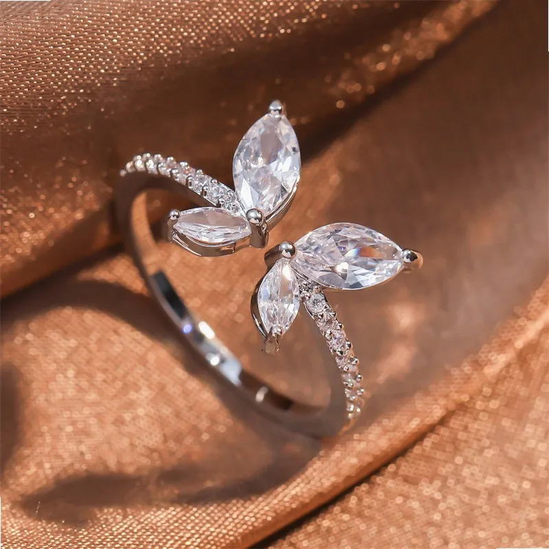 New Zircon Butterfly Open Ring, High-End Niche Design, Ins Light Luxury Korean Style Ring, Factory Direct Sale