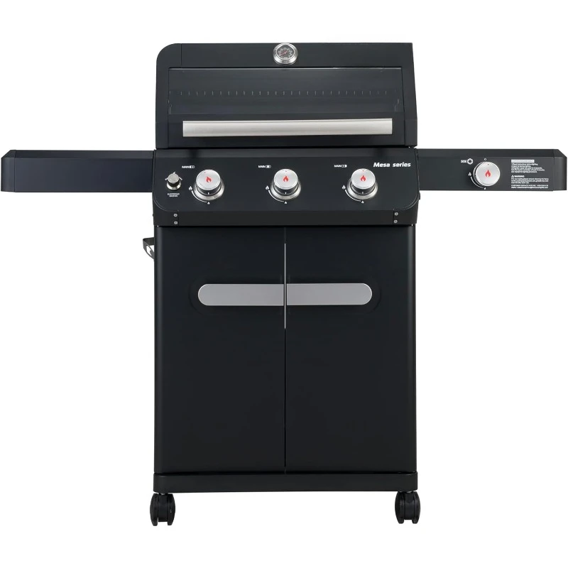 Outdoor Barbecue Stainless Steel 3 Burner Propane Gas Grill, 48,000 BTU Patio Garden Grill with Side Burner and LED Controls,