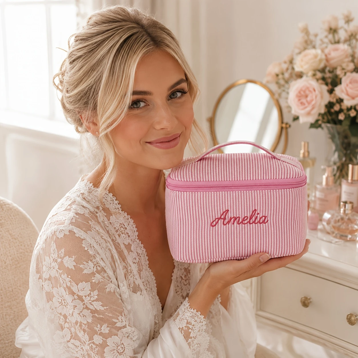 Personalized Name Large Capacity Wash Bag, Striped Versatile Travel Toiletry Storage Bag, Ideal Gift for Christmas, Mother's Day