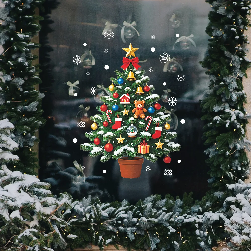 Christmas Tree Bell Bauble Window Sticker, Home Glass Window Beautification Xmas Festive Glass Decal Ornament