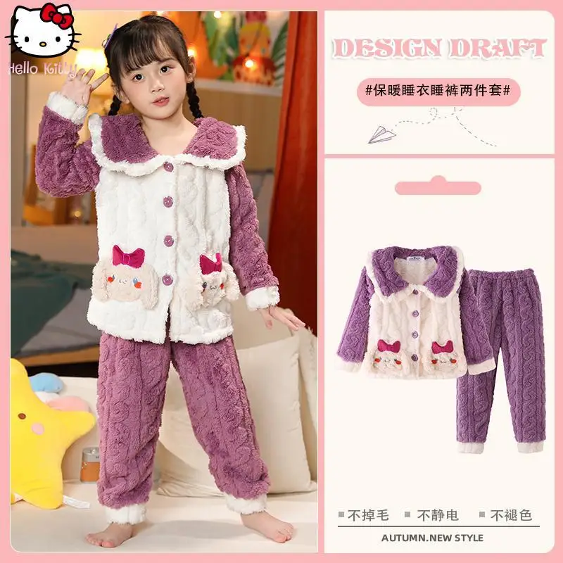 

Kawaii Cartoon Children's Kuromi Cinnamoroll Jacquard Warm Long Sleeve Pajama Set Anime Winter New Sanrio Thickened Home Suit