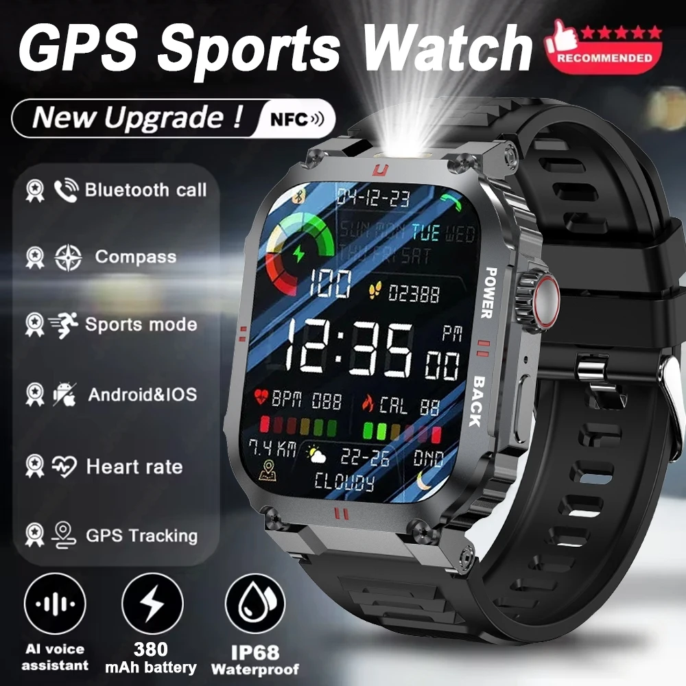 

GPS Outdoor Sports Military Smart Watch Men LED Lights Health Monitoring AI Voice Assistant Waterproof Bluetooth Call Smartwatch