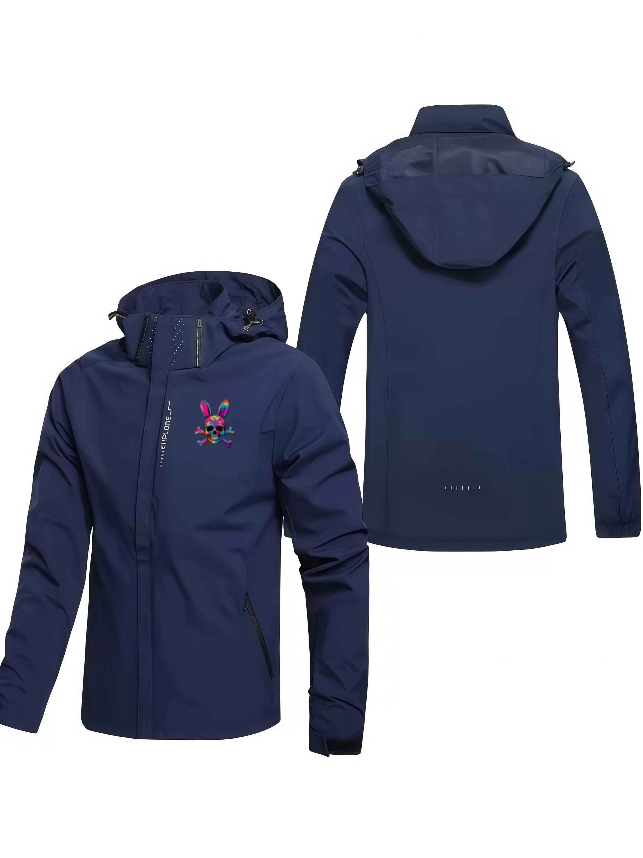Colorful rabbit skull logo windproof jacket, outdoor casual men's multi-pocket coat, zipper front, detachable hood jacket