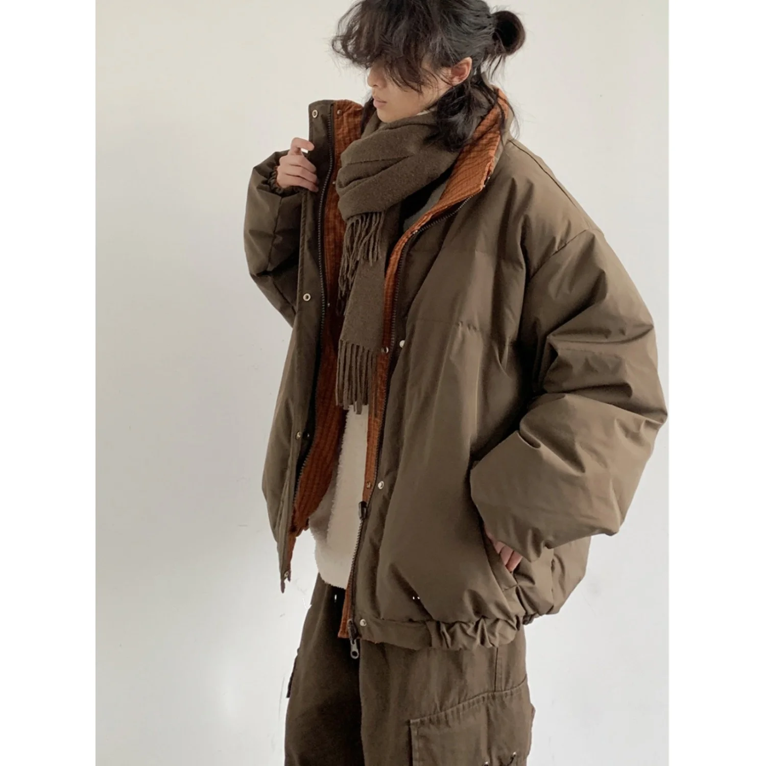 

Double-Sided Wear Thiened Patchwork down Jaet Stand Collar Loose Fit Warm Outerwear for Men And Women Jiwuus Winter Sle