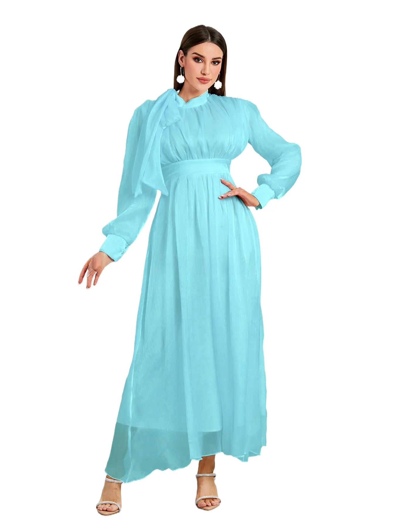 

Spot Europe, America, Middle East Spring Fashion Elegant Solid Color Crepe Stand-up Neck Strap High Waist Dress Women