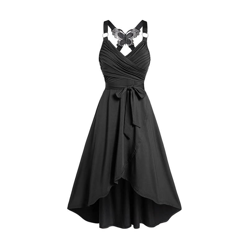 

Dressfo Womens Gothic Dresses Crossover Dress Self Belted Bowknot Tied Butterfly Lace High Waisted A Line Midi Dress Black Dress