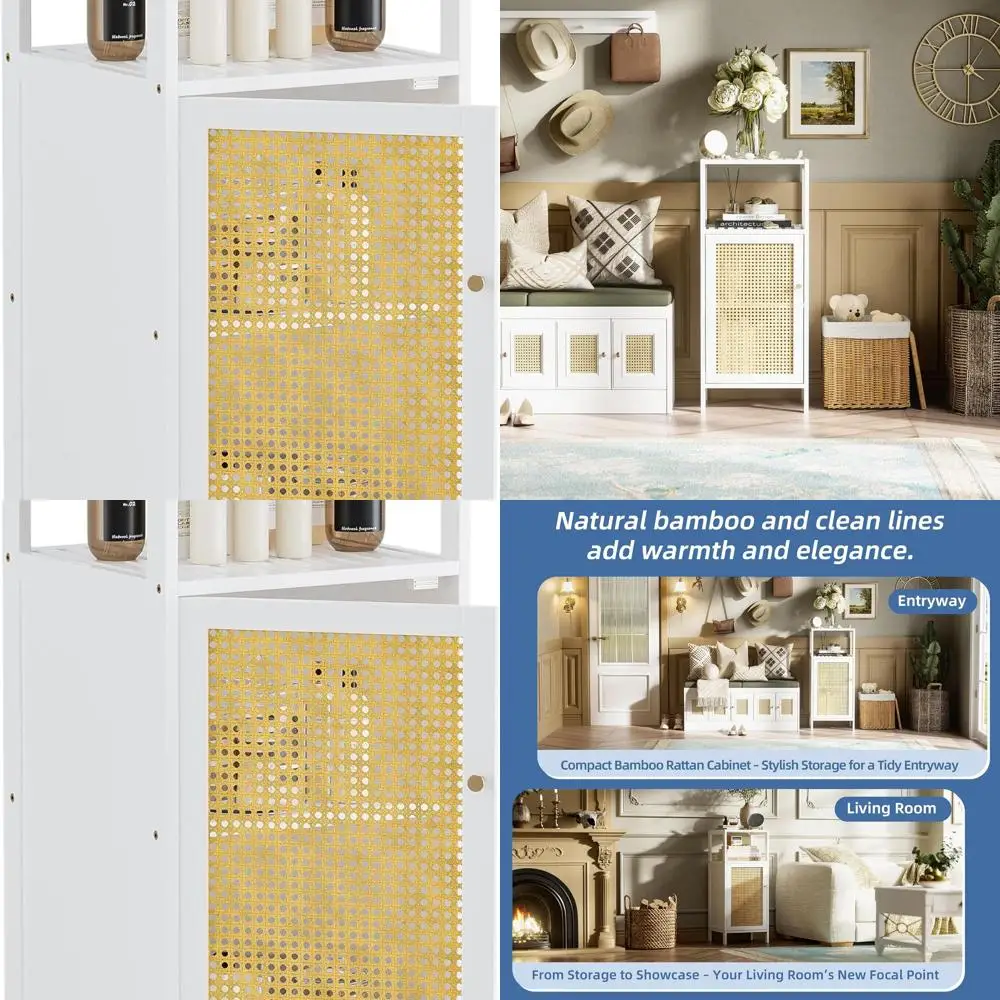 

White Freestanding Bamboo Bathroom Storage Cabinet with Rattan Doors for Small Spaces