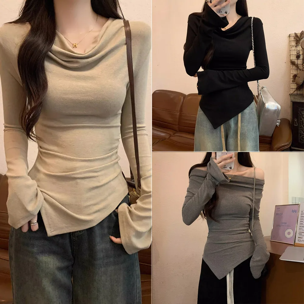 Damen Slim Fit Langarm-Oberteil mit Wasserfallausschnitt, Schulterfreies Design, Unregelmäßiger Saum, Bodycon-T-Shirt, Lässige Y2K Streetwear Bluse – Detail 1