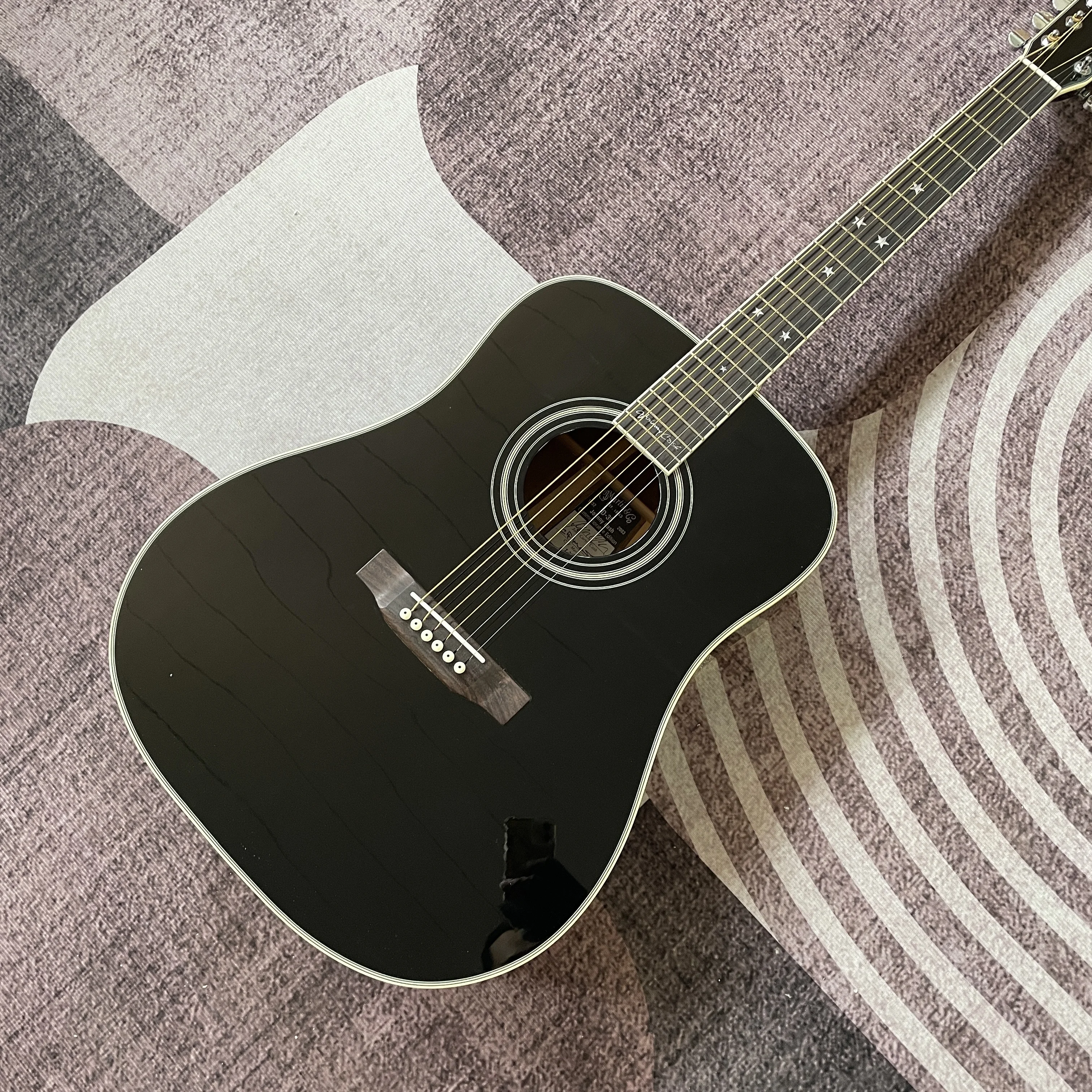 

6-струнная черная фолк-гитара с фиксированным бриджем, инкрустированными звездообразными метками на ладках из палисандра