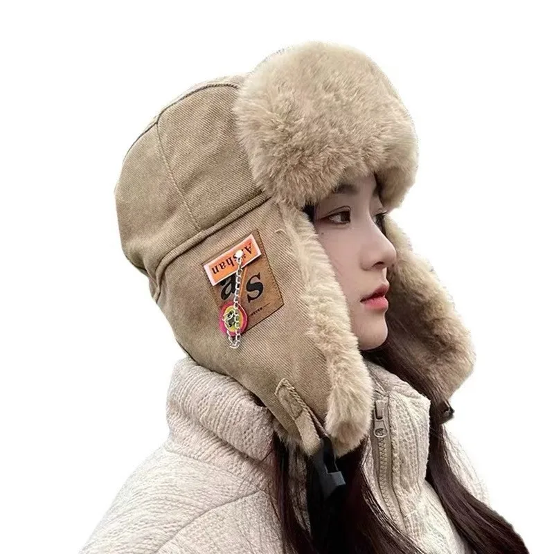 Winter Thickened Bomber Hat Men's and Women's Trend Windproof Warm Ear Protector Cycling Hat Plush Patch Chain Cotton Flying Hat