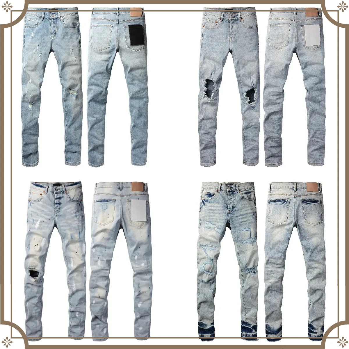 High Quality Street Jeans Retro wash Light Blue Distressed Hole Stretch Skinny Button Fly Ripped Jeans Pants Top Quality