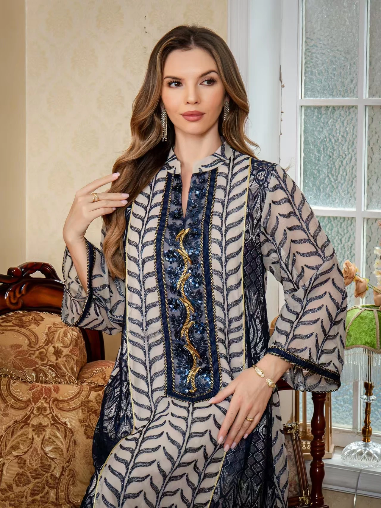 Fashionable Long Ethnic Style Dress Embroidered Mesh Robe Dress High Waist A-Line Skirt Long Sleeve Floral Pattern for Partie...