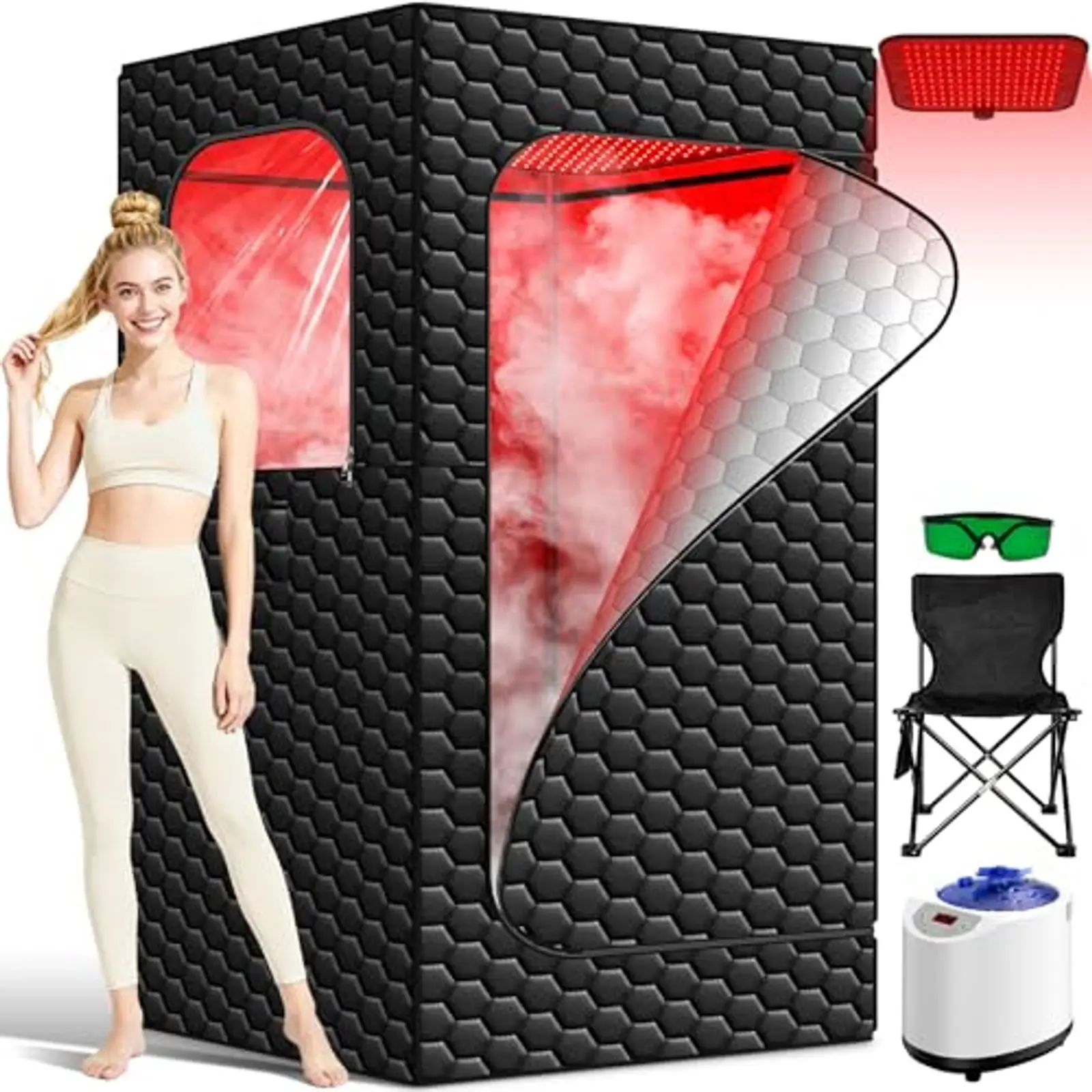 

Red Light Sauna Box 160 LEDs, Portable Steam Room with 3L/1200W Steamer, 15 Heating Levels Folding Chair, Indoor Home Spa Relaxa