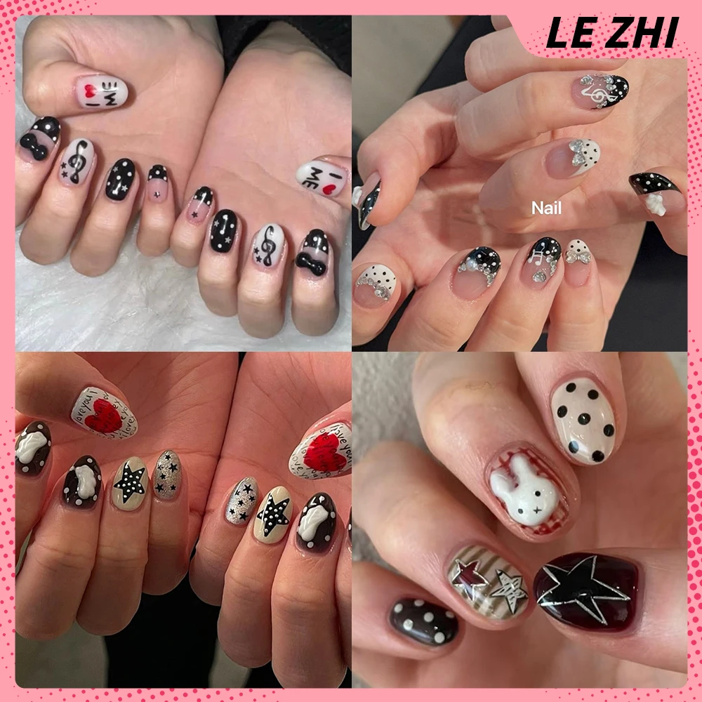 

10Pcs Kawaii Cartoon Hello Kitty Short Handmade Press On Nails Cute Diamond Wings Pearl Bowknot Polka Point French Fake Nails