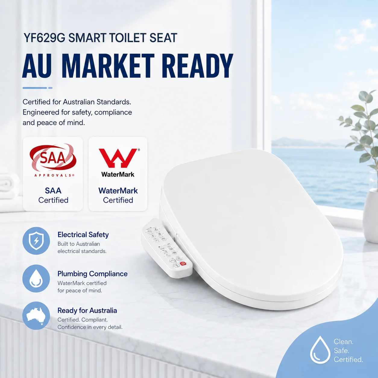 WaterMark Certified Modern Open Front Intelligent Toilet Seat Bidet Remote Control 110V/220V Compatible One Button Quick Install