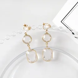 French Women Elegant Transparent Round and Square Crystals Resin Geometric Clip Earrings No pierced ear clip boucle d'oreille