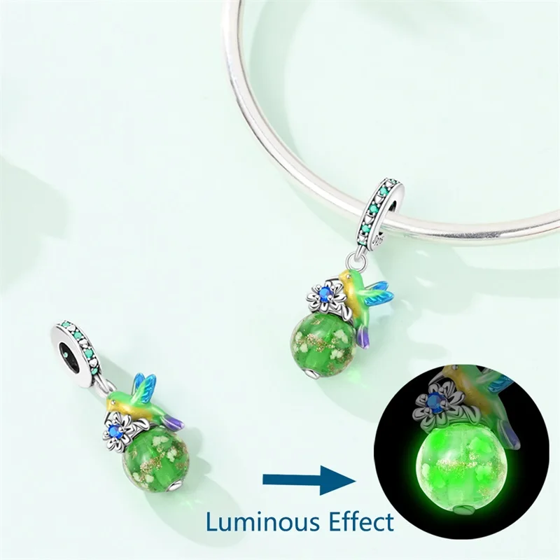 

925 Sterling Silver Luminous Night Green Hummingbird Charms Beads Zircon Dangle Fit 3mm Original Bracelet DIY Women Jewelry