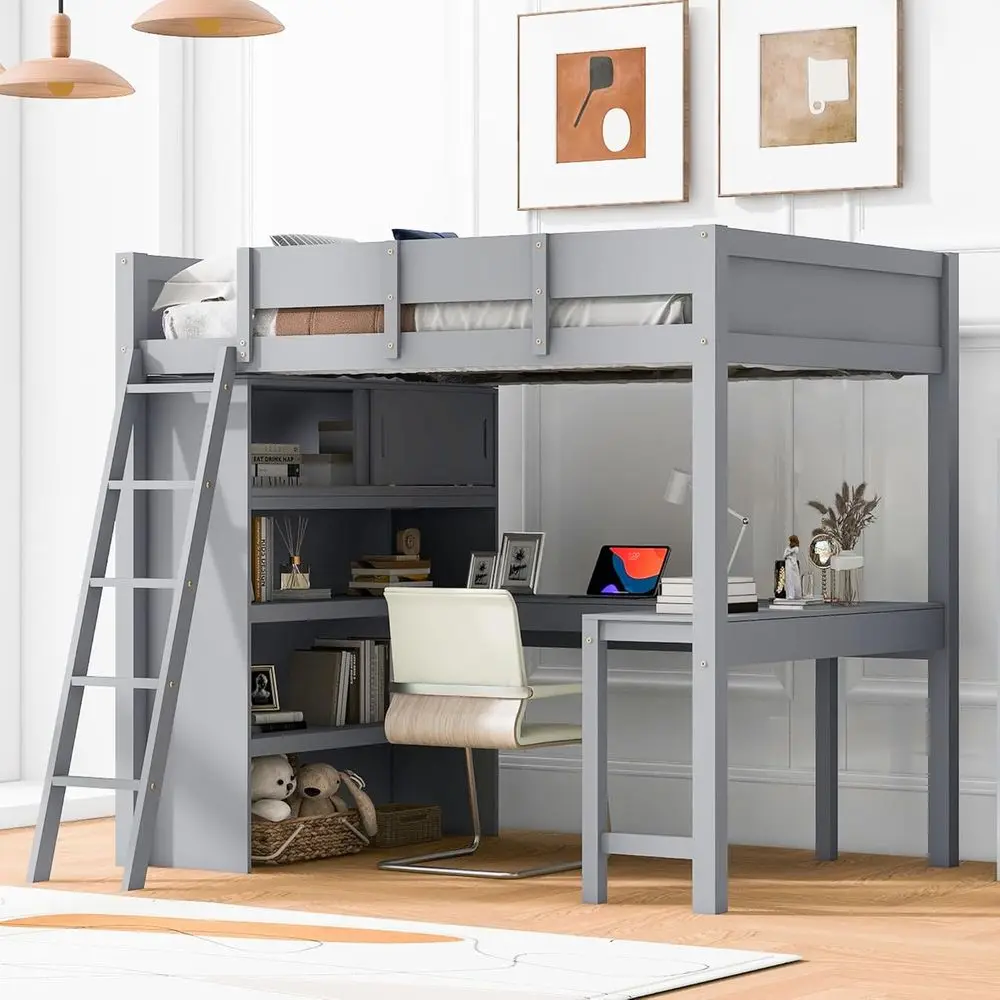

Full-Size Loft Bed with Desk and Storage Shelves, Suitable for Kids, Teens, and Adults, Bedroom or Dorm, Gray