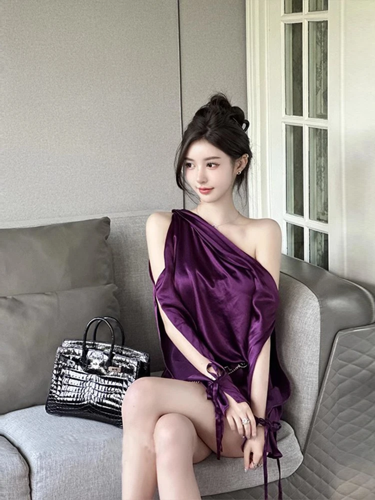 

Ele Purple oulder-baring Long Sve Hollow out Dr Sexy Birthday Par Evening Gown for Women High-end Celebri Sle