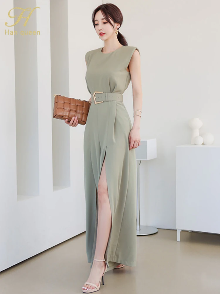 H Han Queen Elegant Summe Business Jumpsuits Women O-Neck Split Wide Leg Trousers Long Playsuits Casual Work Wear Rompers