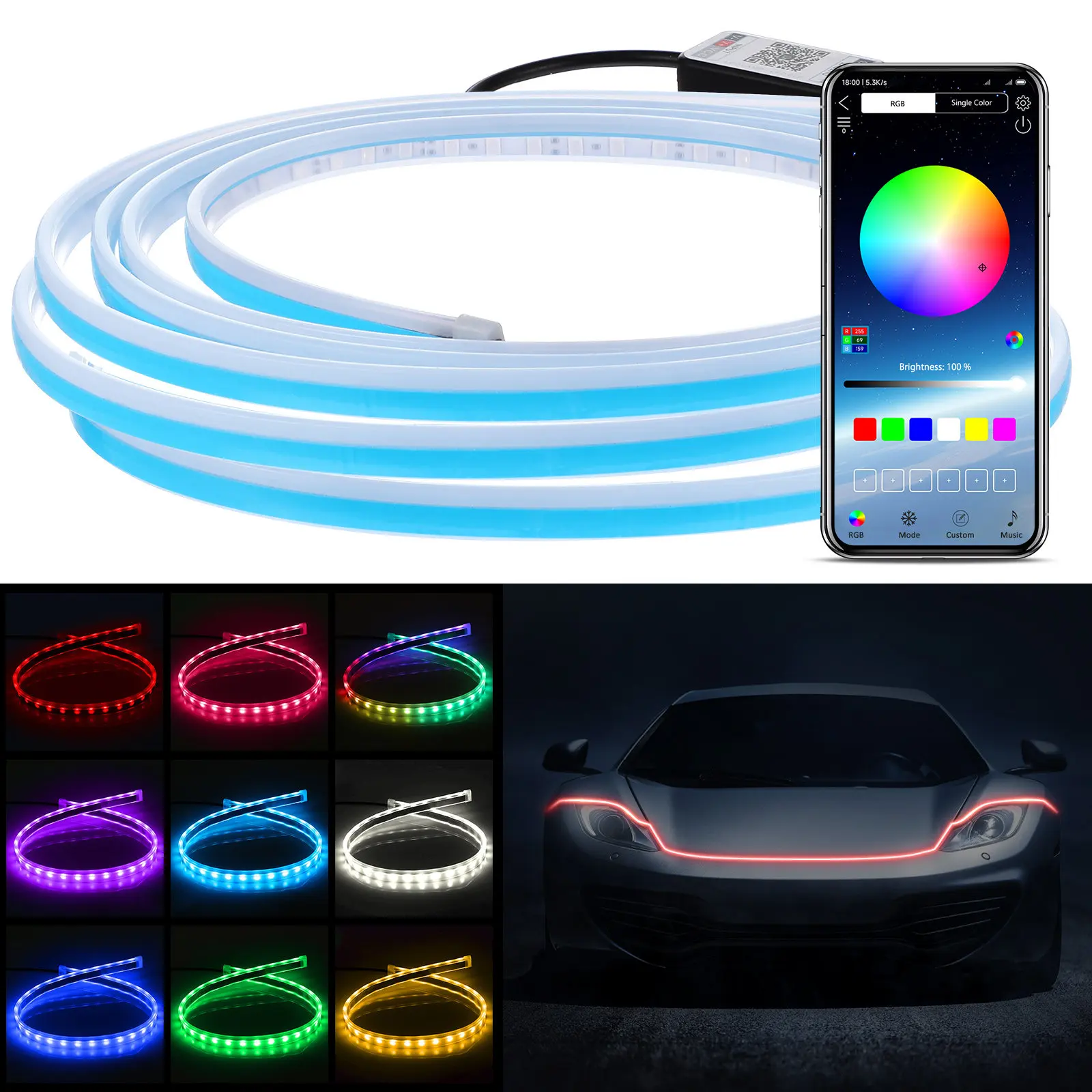 Car Rgb LED Engine Cover Hood Light Strip App Control Daytime Running Exterior Car Strip Rgb LED Lights
